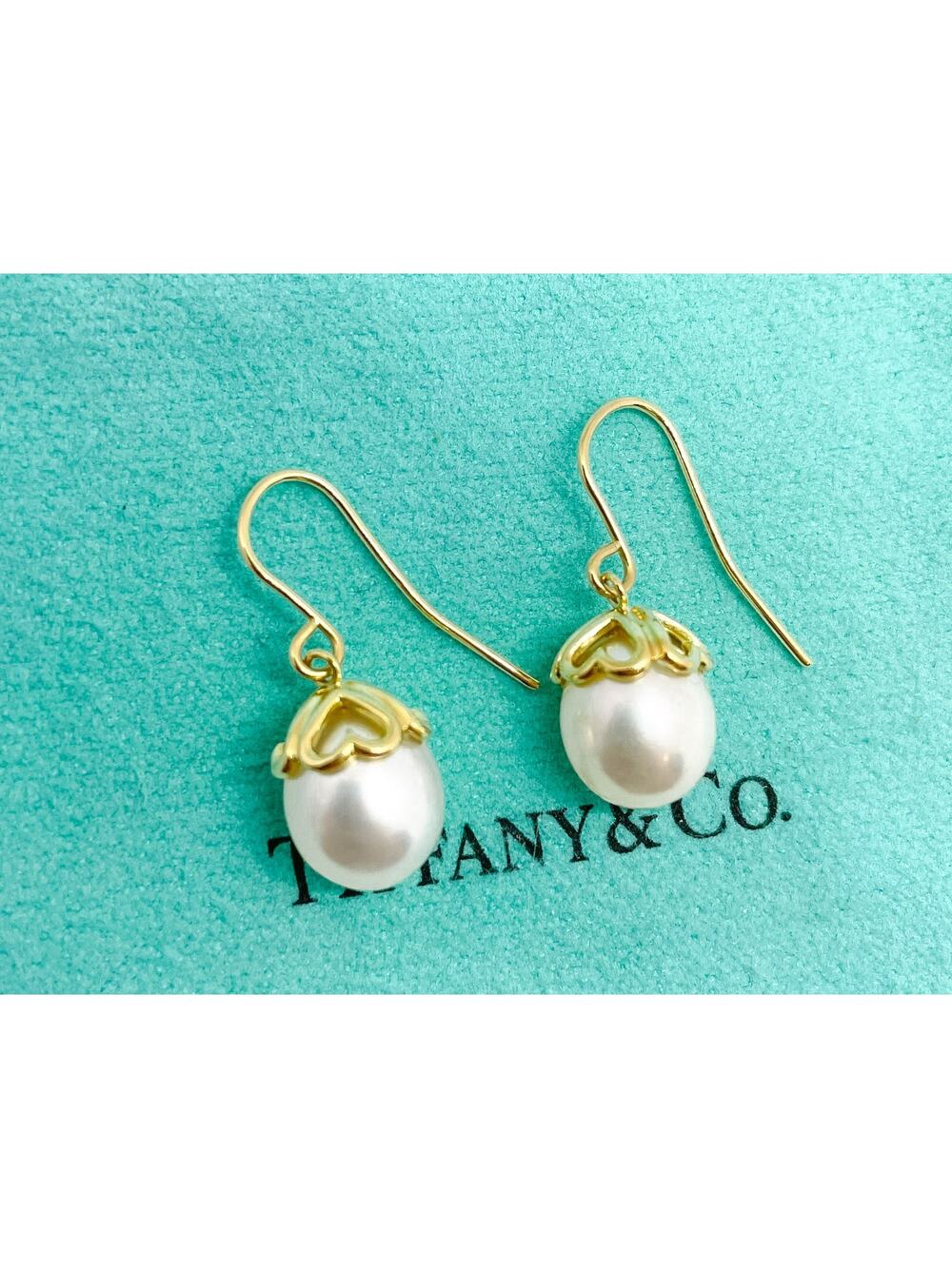 Tiffany & Co. 18k Yellow Gold Heart Cap Pearl Drop Earrings RARE